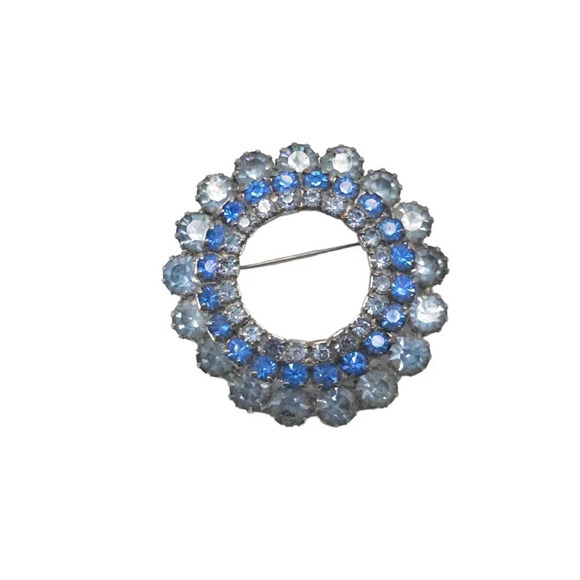 Blue Rhinestone Round Wreath Flower Brooch Pin Silver Tone Vintage - Picture 1 of 4
